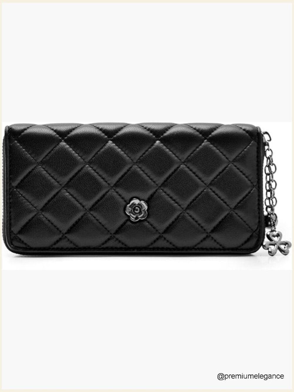 Quilted Leather Wallet with Chain, Bi-Fold, Card Slots, Snap Closure